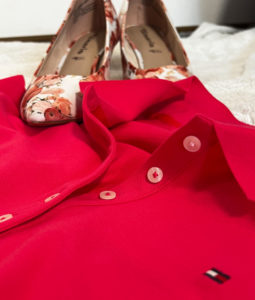 Pink polo dress paired with wedge sandals for a summer office look