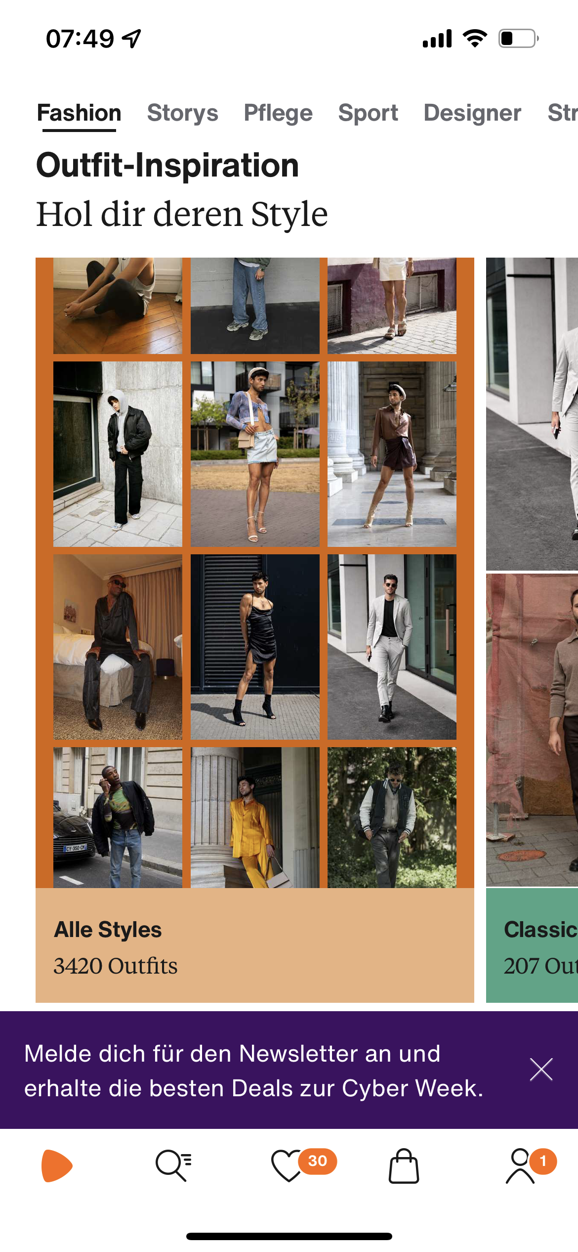 Screenshot of a men's outfit inspiration feed showing skirts paired with business looks and dresses with sporty straps