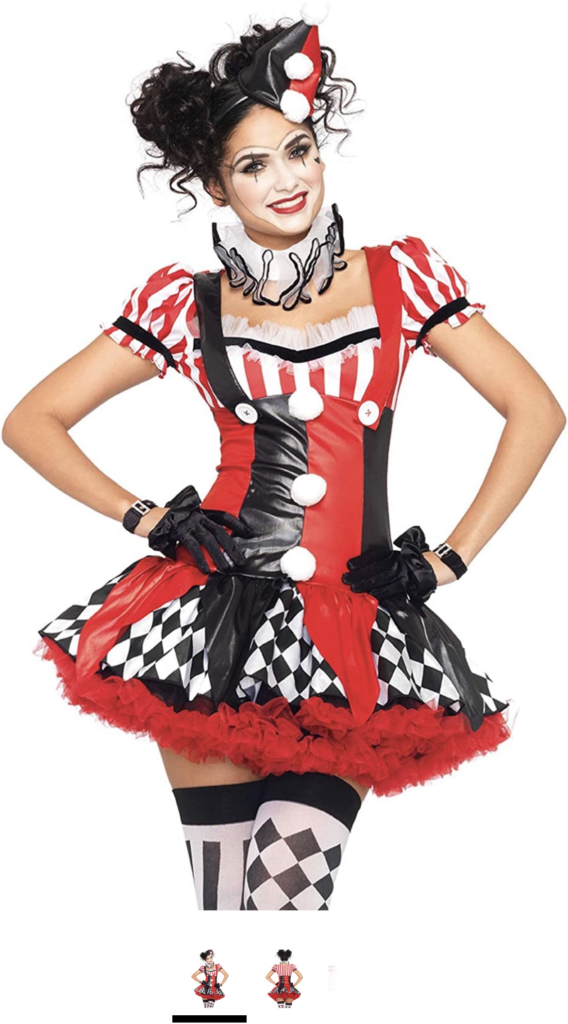 Harlequin-style Halloween costume with a short dress and knee socks